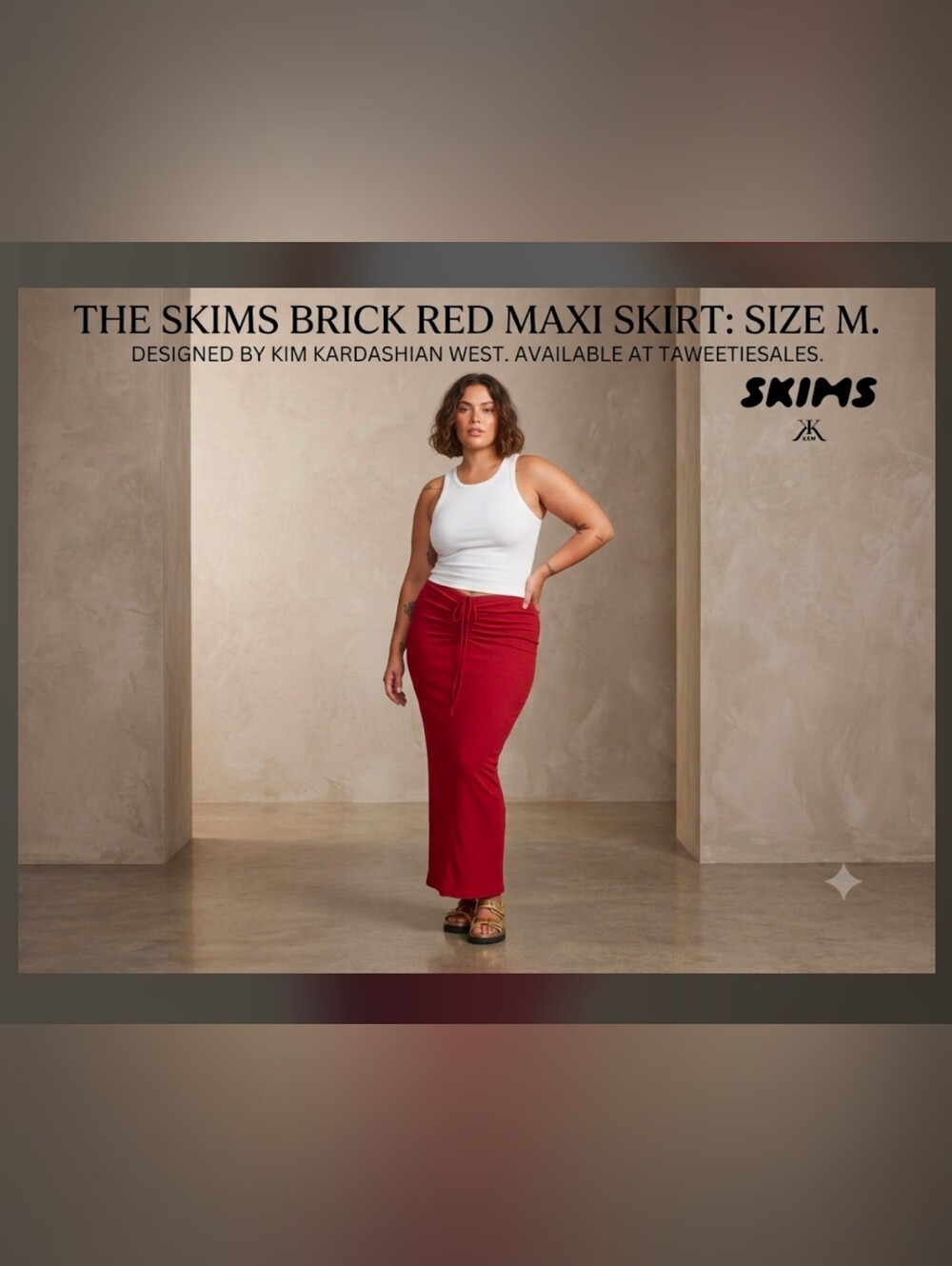 SKIMS Brick Red Ruched Drawstring Maxi Skirt